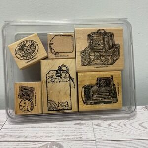 Stampin Up Journey 2004 Wood Mount Rubber Stamp Set VTG Travel Camera Luggage